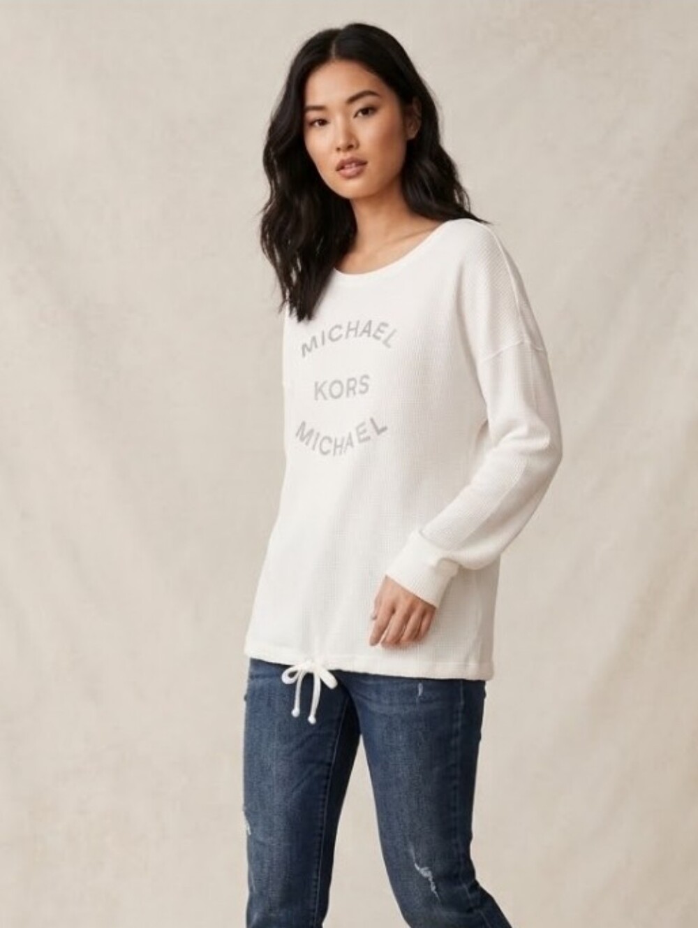 MICHAEL Michael Kors White Cotton blend Long Sleeve Silver Logo Top